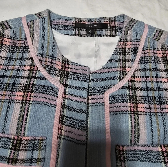 View Cropped Tweed Blazer/Dress Jacket, Light Blue/Pink Plaid, Lined, Sz 6, EUC! - Picture 8 of 14
